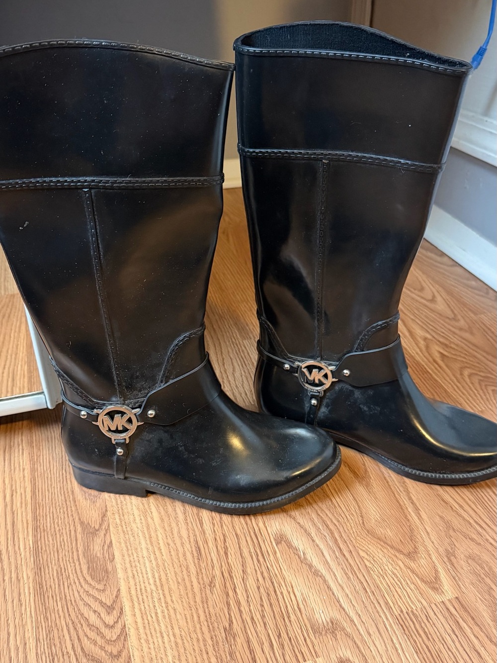 Michael Kors Black Tall Leather Riding Boots with Logo Harness